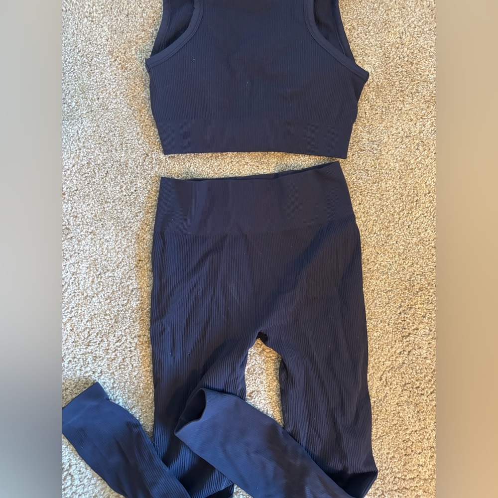 Women's Navy Blue Ribbed Pants & Top Set